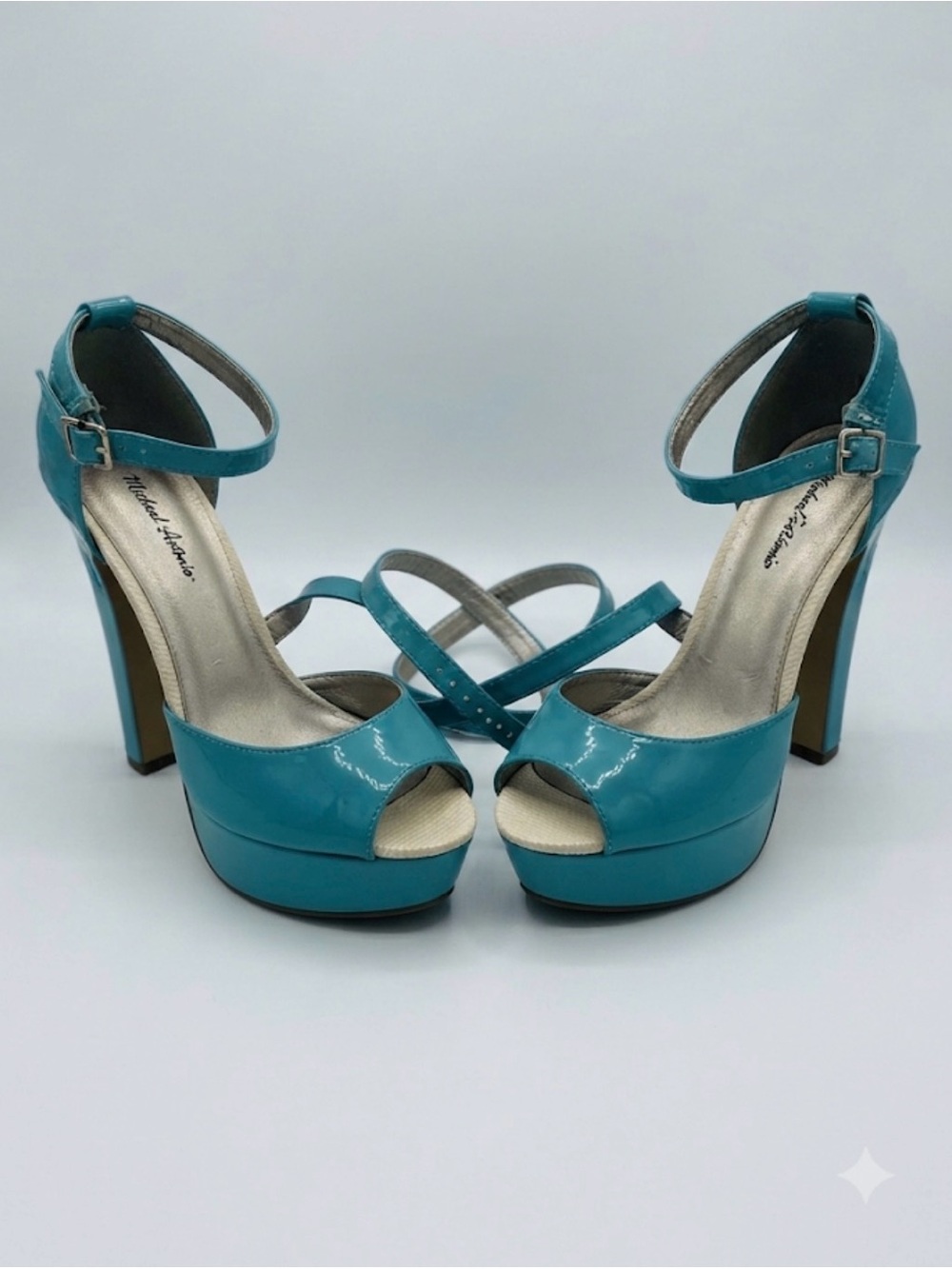 Anne Michelle Teal Patent Platform Peep-Toe Ankle Strap Heels